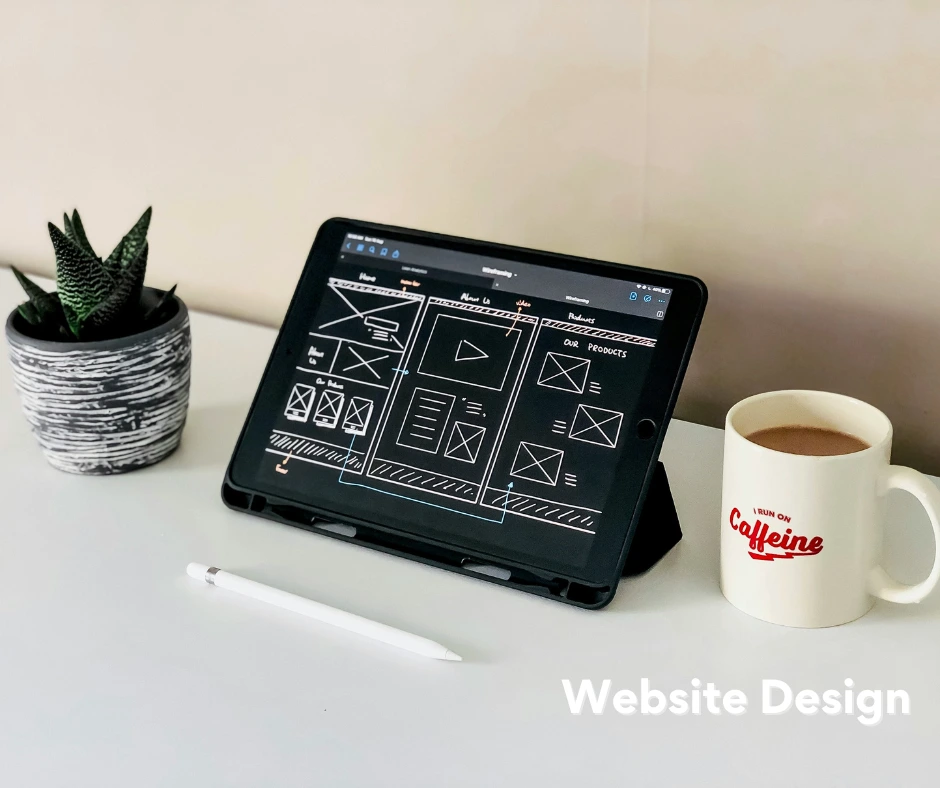 small business website wirefram, shown on a ipad sitting on desk